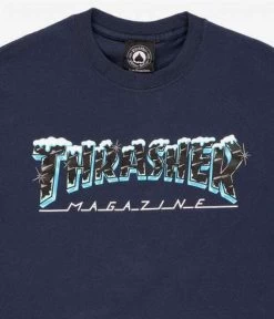 THRASHER Black Ice Short Sleeve T-Shirt NAVY BLUE | Snow-capped Thrasher Magazine Logo [Size: S] -Skateboard Equipment Store 33884 1