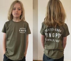 KINGPIN SKATE SUPPLY Youth S/S TEE SHIRT ARMY GREEN WHITE ORIGINAL PRINT