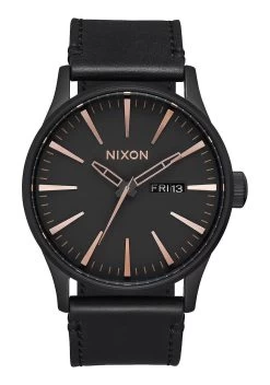 NIXON Sentry Leather All Black Rose Gold WATCH NEW A105 957